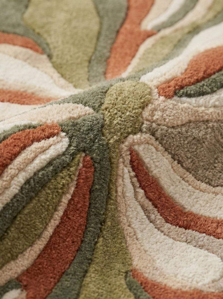 Close-up of hand tufted wool rug showing soft cut pile texture, carved detailing, and layered abstract floral pattern __etsy:8022692423