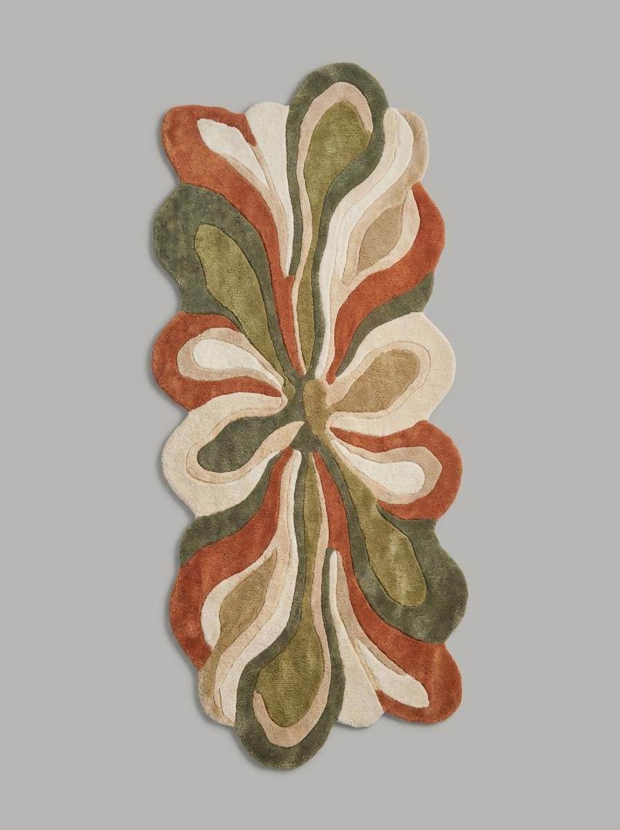 Hand tufted irregular shaped abstract floral wool rug runner in sage green and earth tones for modern hallway decor