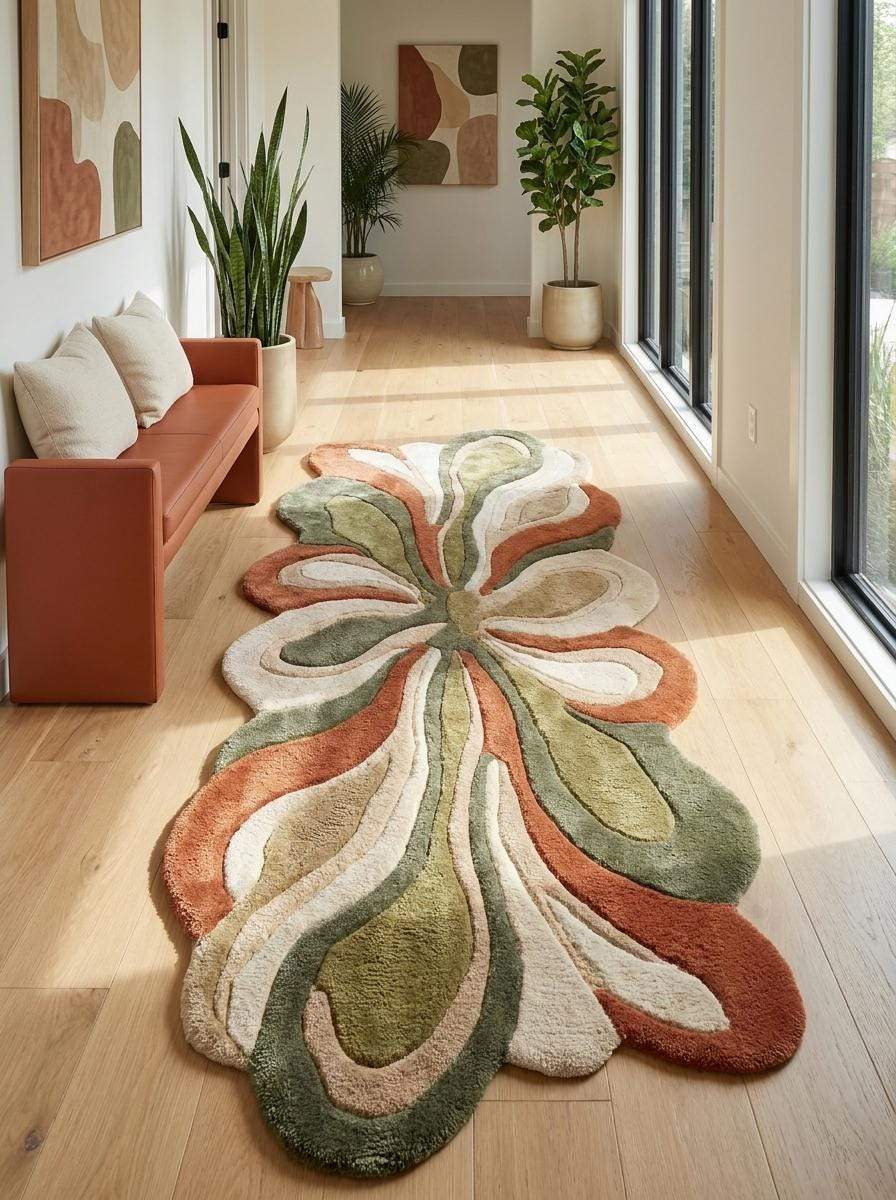 Contemporary wool rug with organic floral design enhancing minimalist and mid-century modern interiors __etsy:7974741366