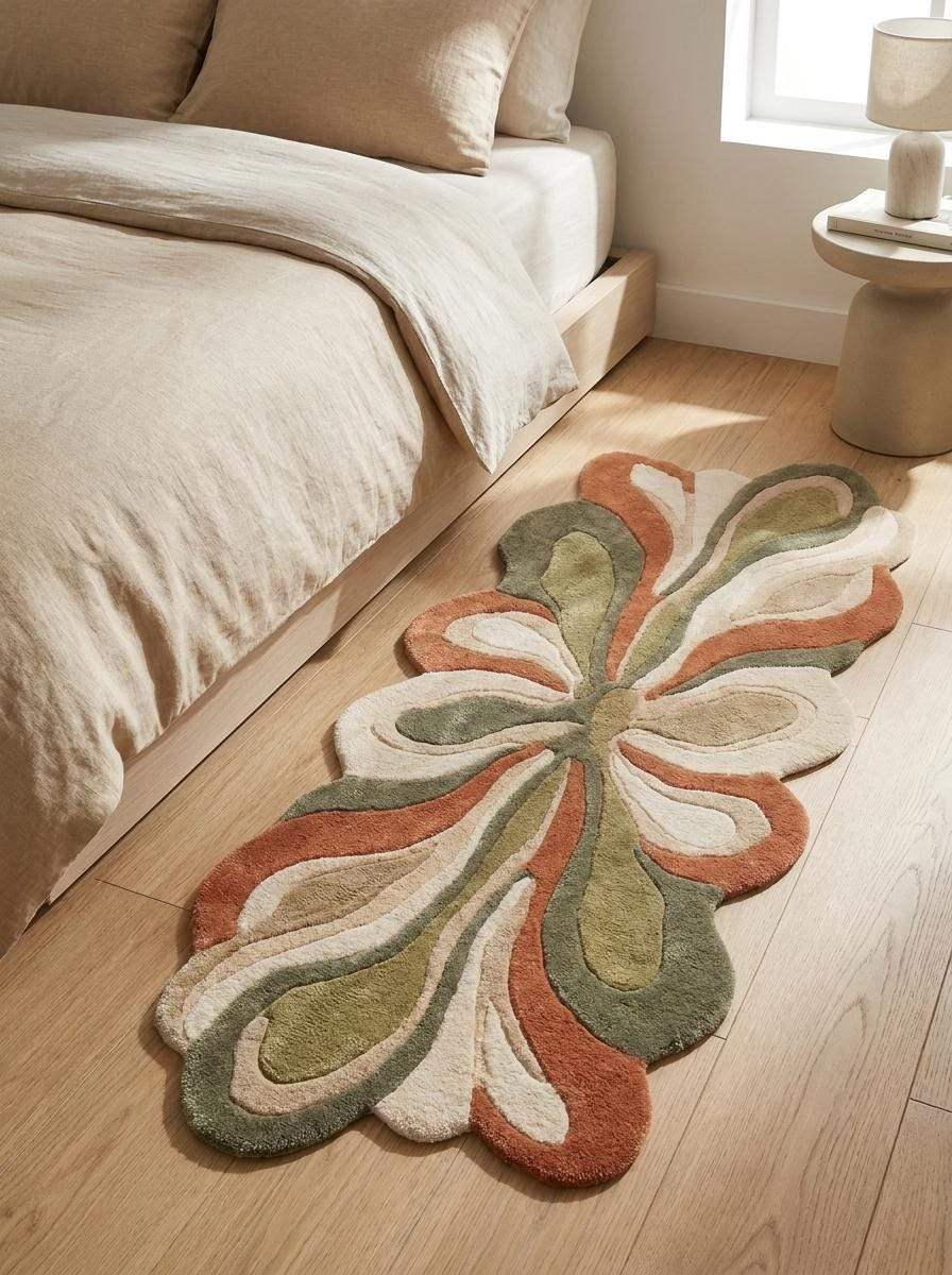 Hand tufted irregular shaped abstract floral wool rug runner in sage green and rust for modern hallway decor