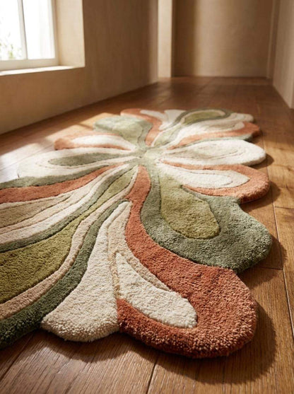 Hand tufted abstract floral wool rug runner with irregular shape in sage green and rust tones for modern hallway decor