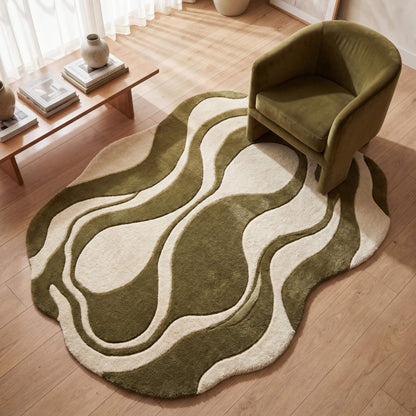 Hand tufted abstract rug in olive green and cream with organic wavy pattern placed in a modern living room __etsy:7999804994