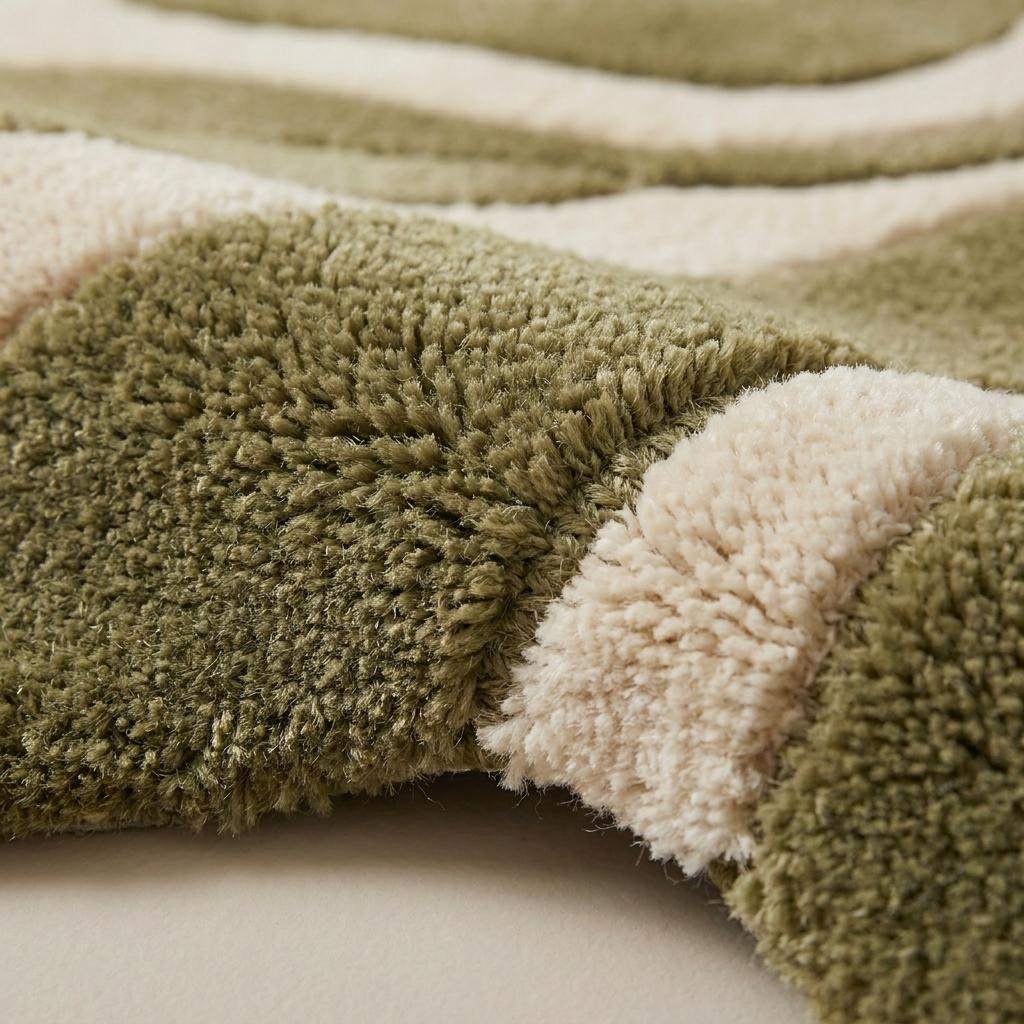 Close-up of hand tufted wool blend rug showing dense cut pile texture, carved detailing, and soft sculpted fibers __etsy:7999804772