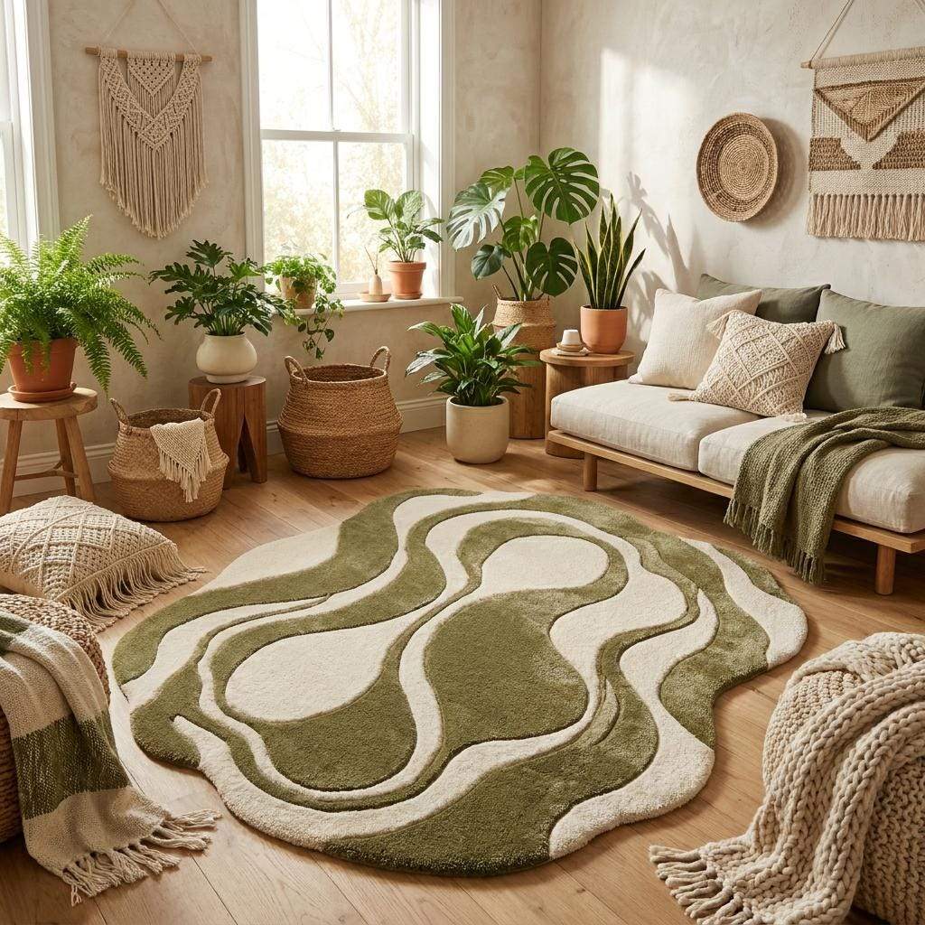 Contemporary olive green and cream carpet styled in minimalist interior with warm neutral decor and natural lighting __etsy:8047734927