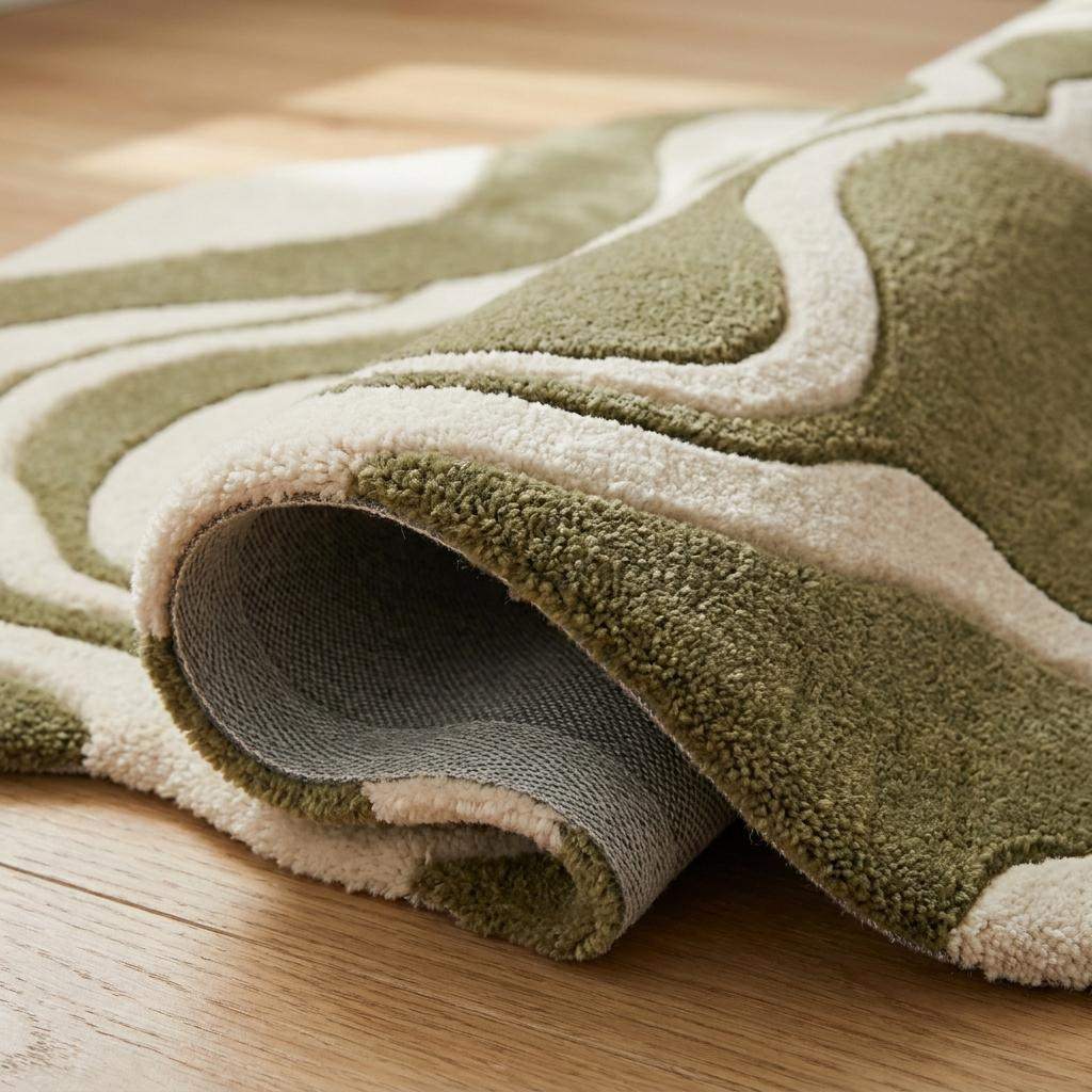 Hand Tufted Abstract Rug, Organic Shape Carpet for Living Room, Green Cream Modern Area Rug __etsy:8047734971