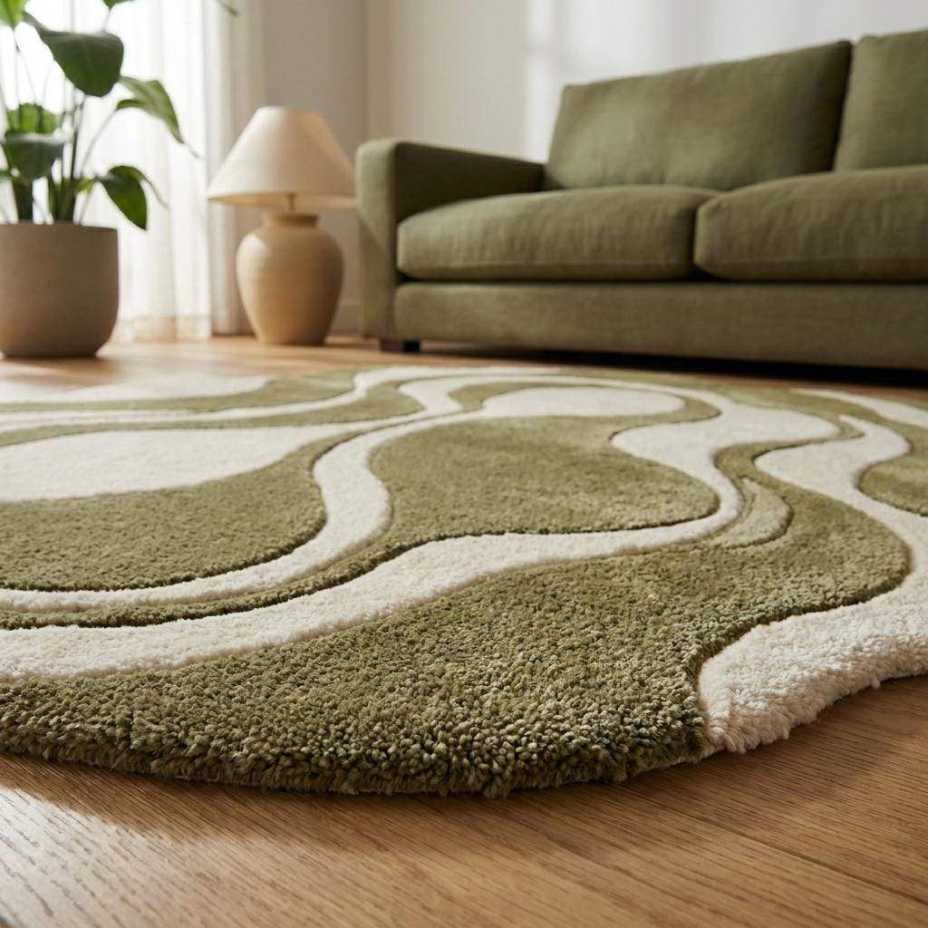 Hand tufted abstract rug with organic shape in olive green and cream tones for modern living room decor