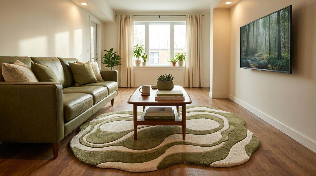 Hand Tufted Abstract Rug, Organic Shape Carpet for Living Room, Green Cream Modern Area Rug __etsy:7999804768