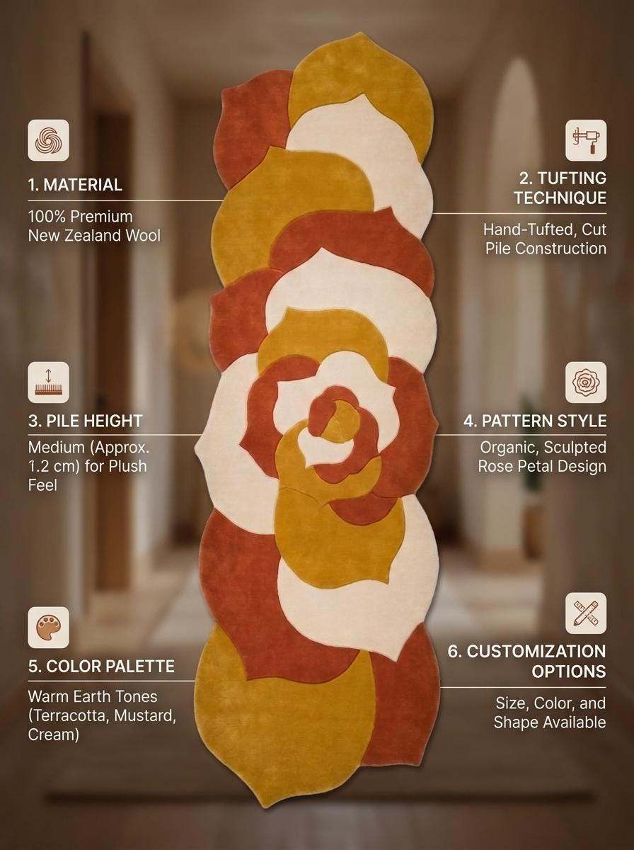 Hand tufted abstract floral runner rug in mustard yellow and burnt orange wool with irregular shape for modern entryway decor