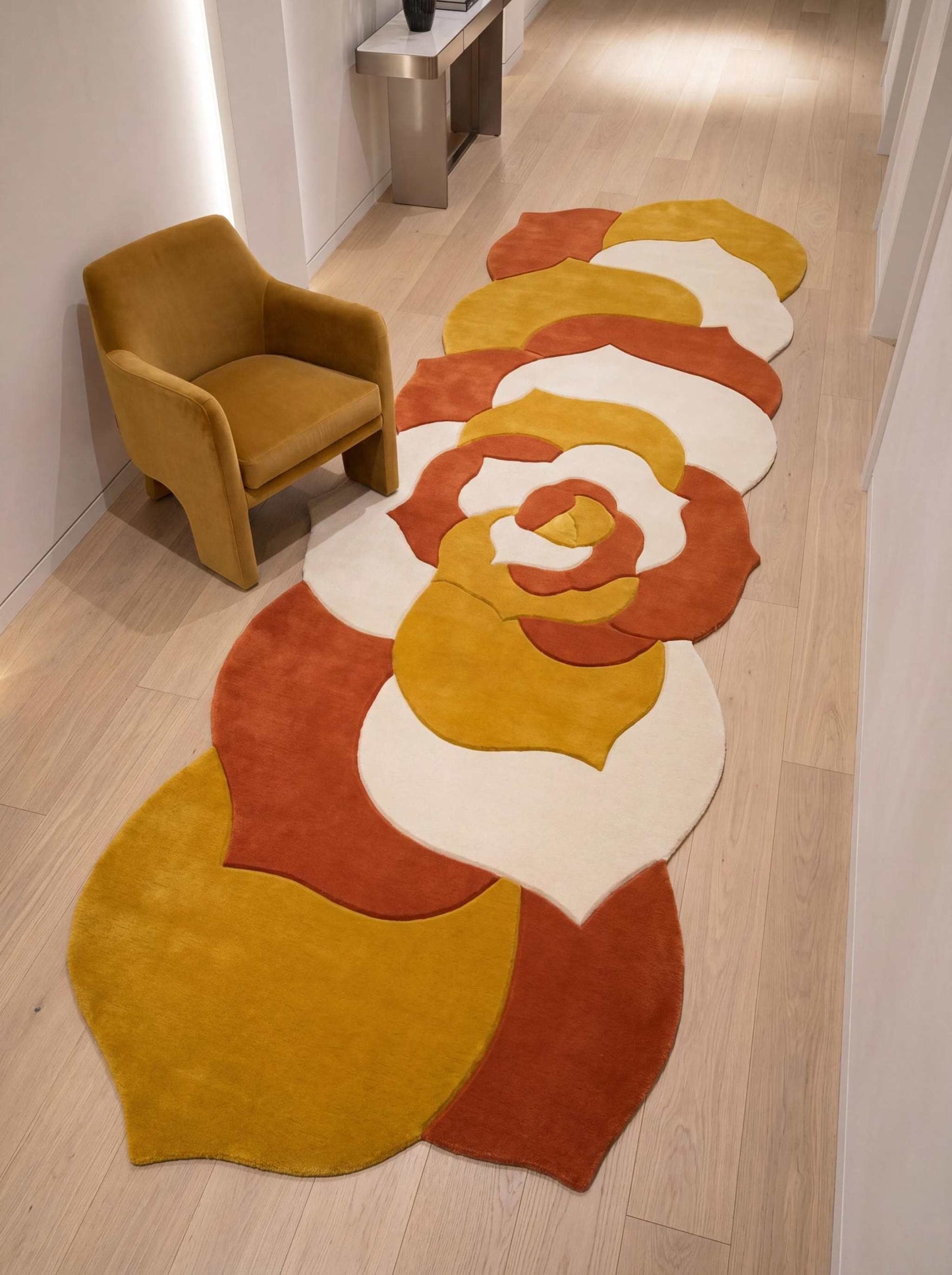 Hand tufted irregular shaped abstract floral runner rug in mustard yellow and burnt orange wool