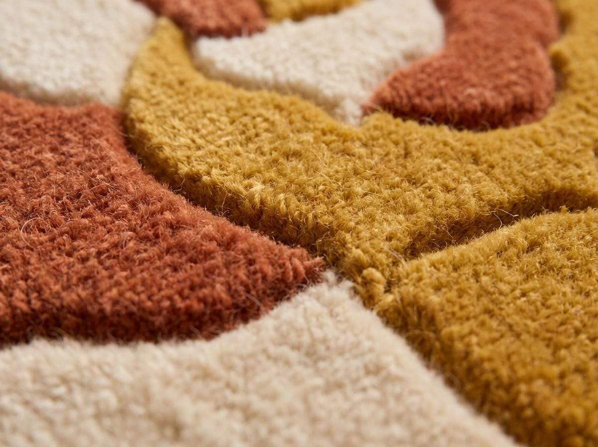 Hand tufted abstract floral runner rug in mustard yellow and burnt orange wool with irregular shape for modern hallway decor