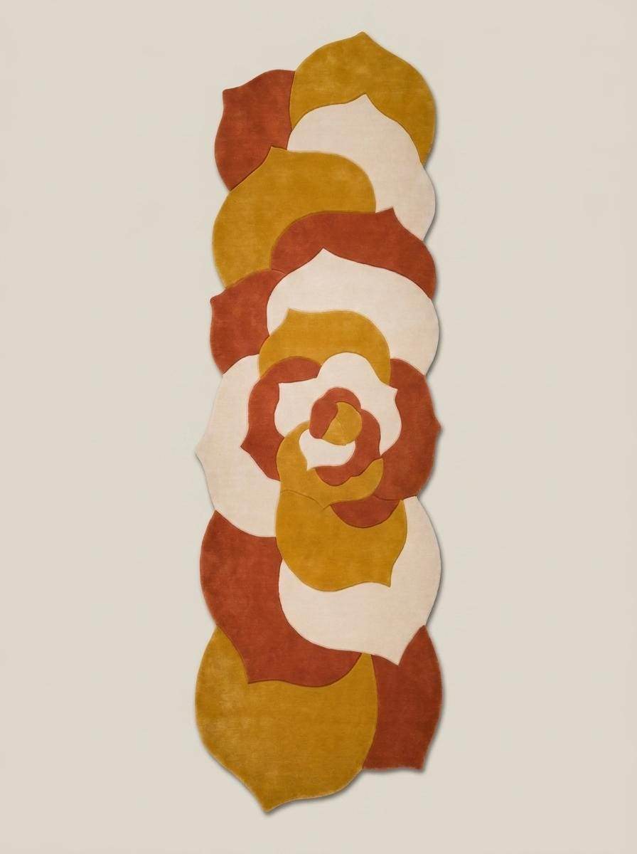 Hand tufted abstract floral runner rug in mustard yellow and burnt orange with irregular shape for modern hallway decor