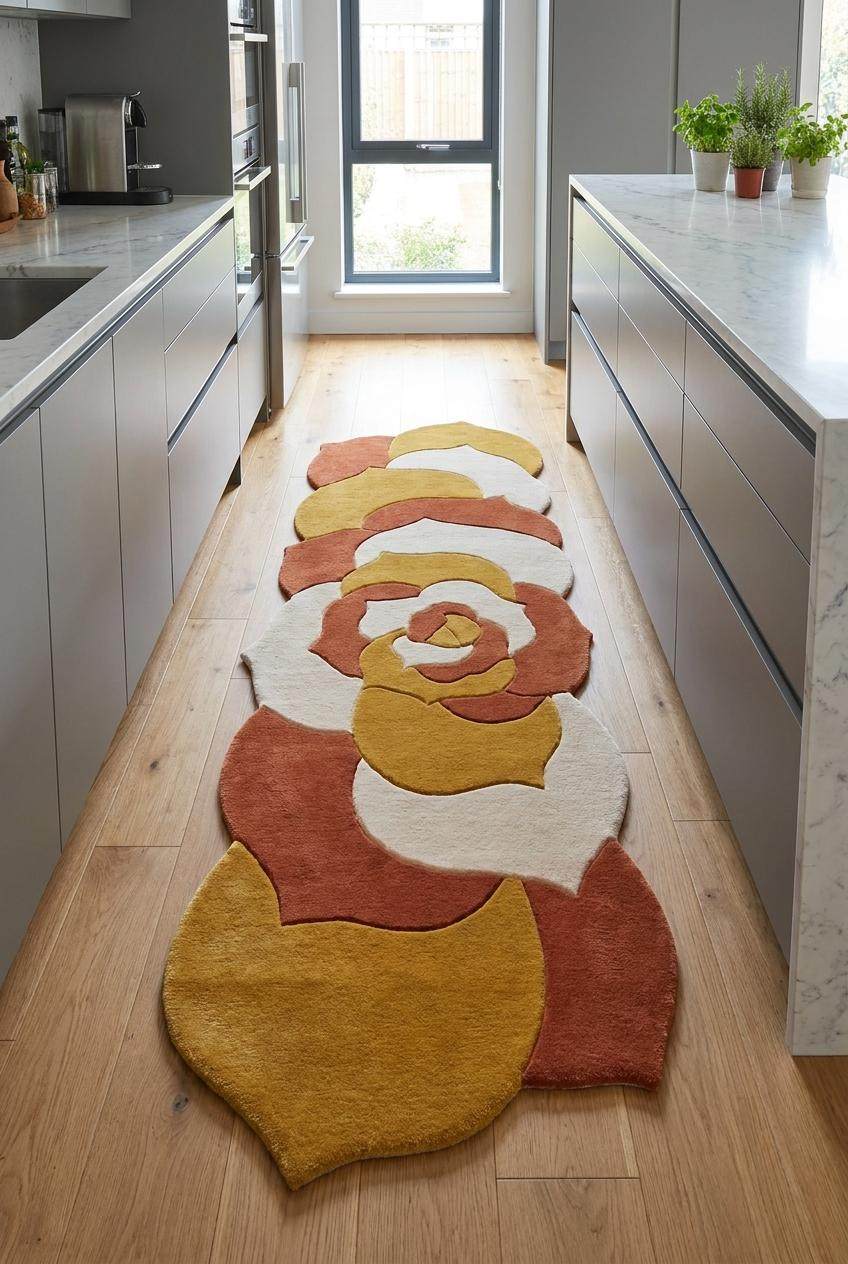 Hand tufted abstract floral runner rug in mustard yellow, burnt orange, and ivory cream with irregular organic shape for modern hallway decor