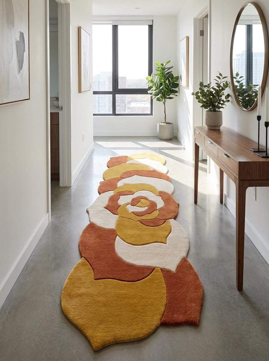 Hand tufted abstract floral runner rug in mustard yellow, burnt orange, and ivory cream with irregular shape for modern hallway decor