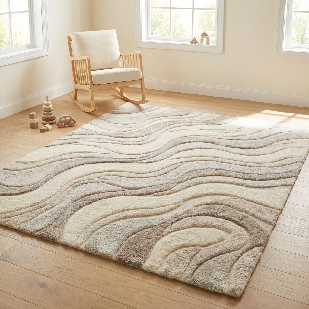 Hand Tufted Abstract Wave Wool Rug, Modern Neutral Living Room Carpet