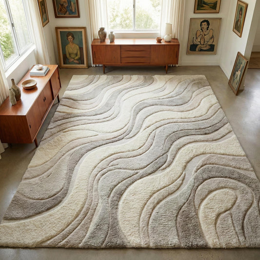 Hand tufted wool rug with abstract wave pattern in neutral tones for modern living rooms