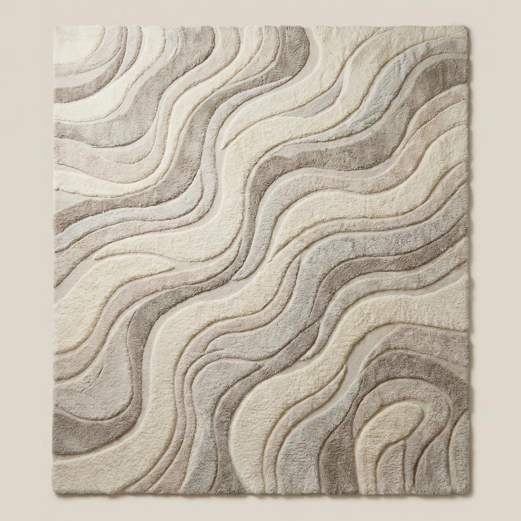 Contemporary neutral area rug with flowing organic pattern styled beside mid-century wooden furniture.