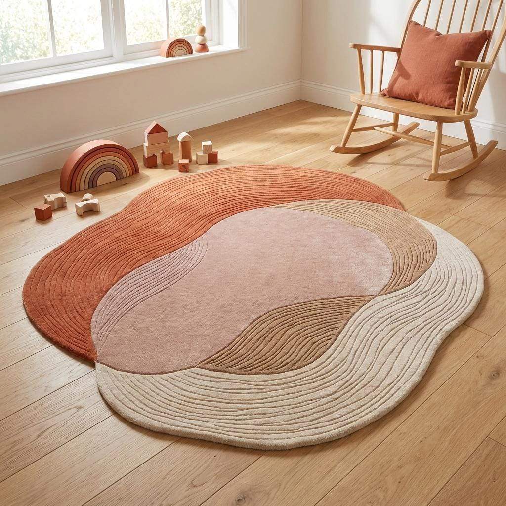 Designer-inspired hand tufted carpet featuring curved shapes and warm terracotta tones for organic modern decor __etsy:8007323644