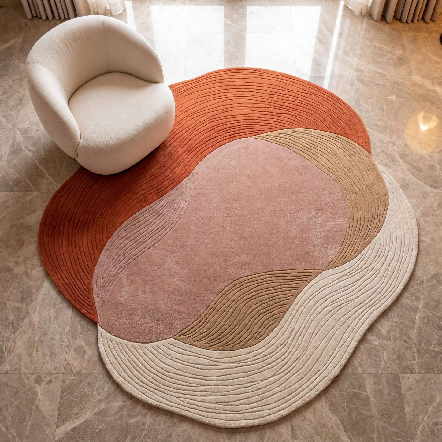 Hand tufted abstract wool rug with irregular organic shape in terracotta, blush pink, beige, and ivory tones __etsy:8055237753