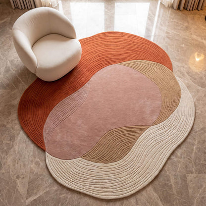 Hand tufted abstract wool rug with irregular organic shape in terracotta, blush pink, beige, and ivory tones __etsy:8055237753