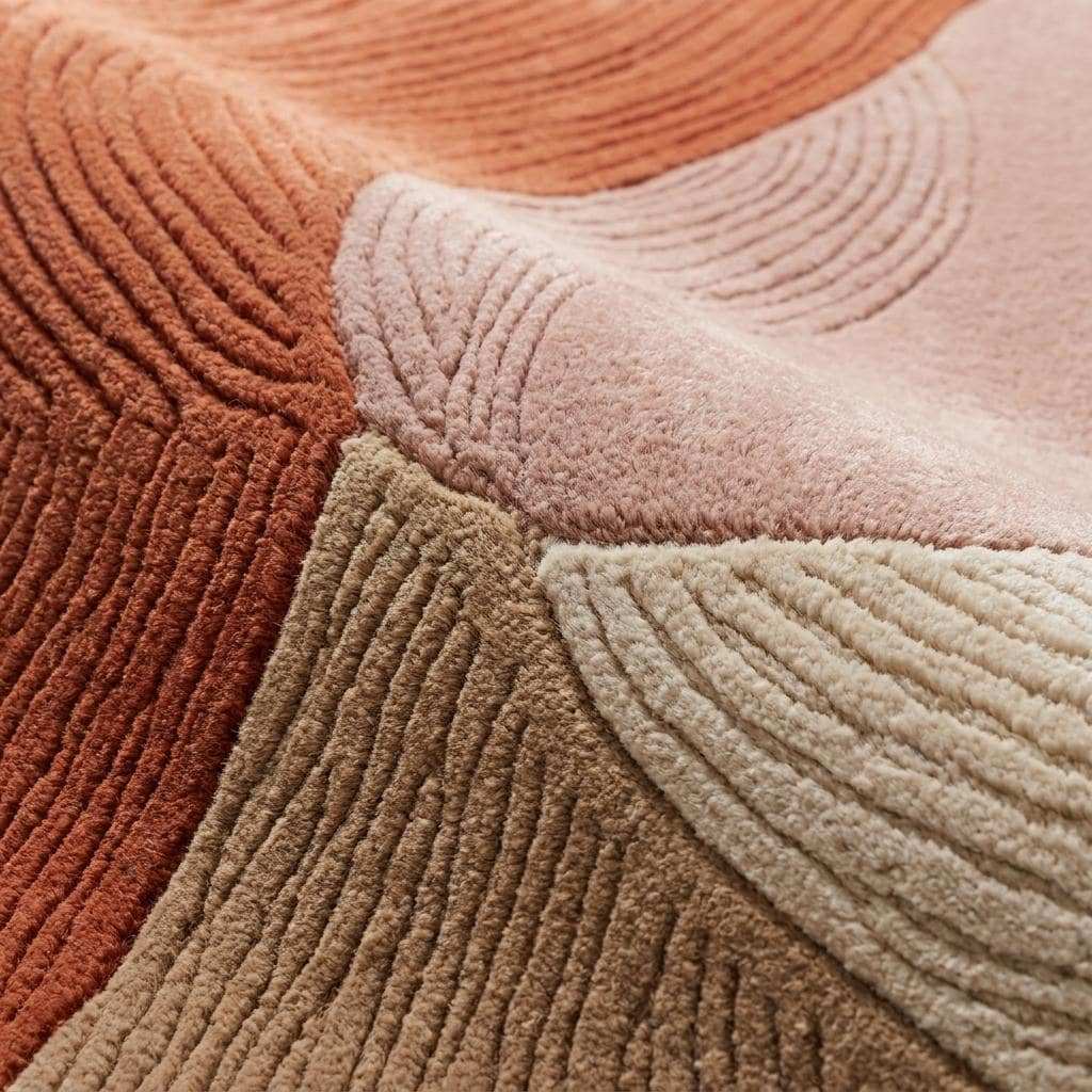 Close-up texture of hand tufted wool rug showing carved cut pile detailing, dense fibers, and artisan craftsmanship __etsy:8007323654