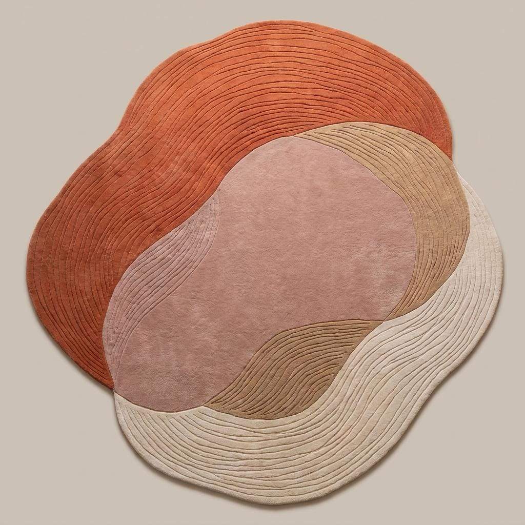 Modern abstract area carpet with layered wave pattern and sculptural contour lines for contemporary interiors __etsy:8007323592