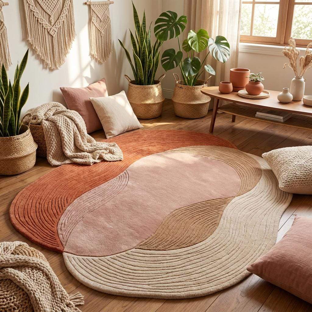 Contemporary handmade wool carpet in earthy neutral colors styled for minimalist living room interiors __etsy:8007323614