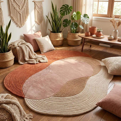 Contemporary handmade wool carpet in earthy neutral colors styled for minimalist living room interiors __etsy:8007323614