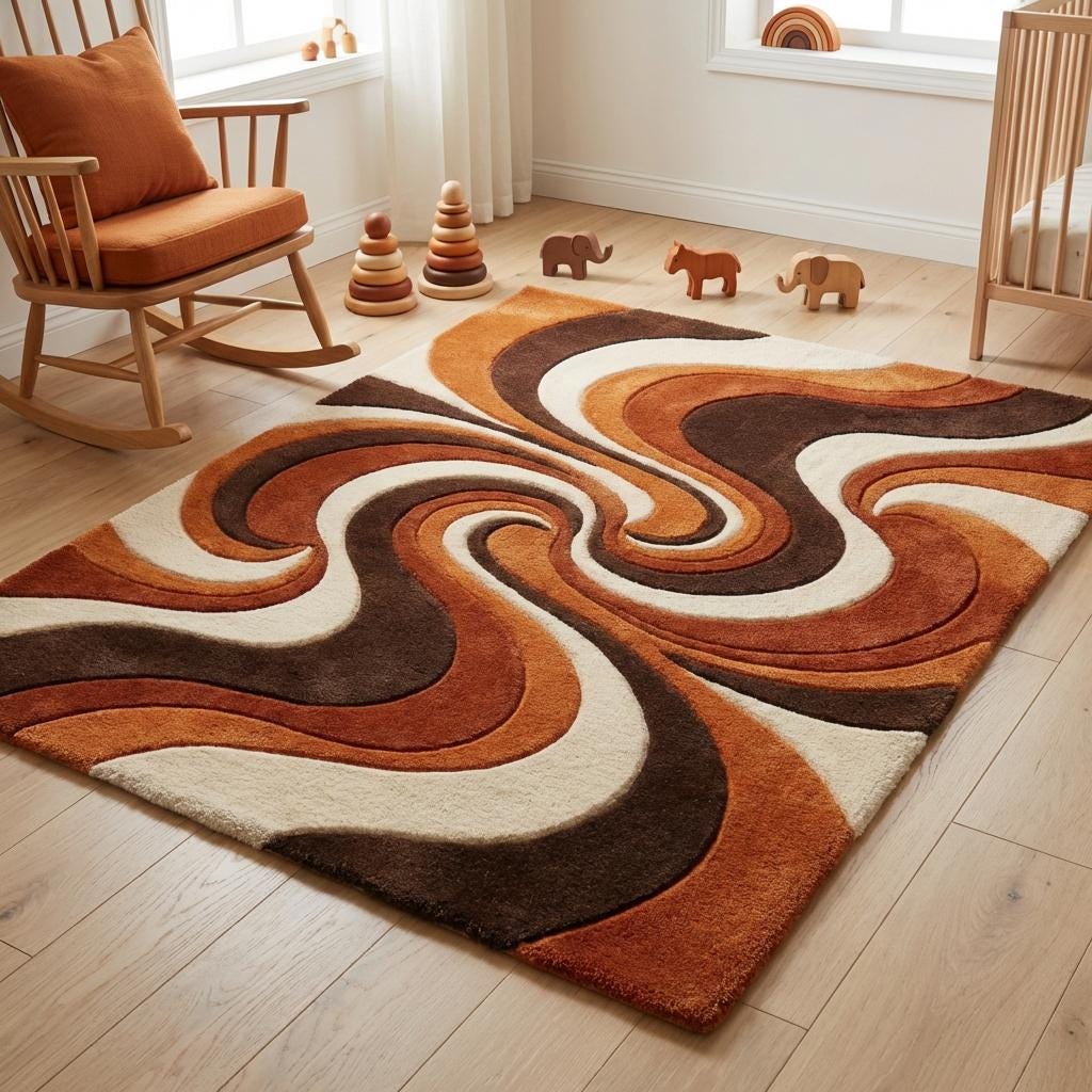 Warm tone abstract statement rug styled with wooden cabinet, lounge chair, and indoor plants