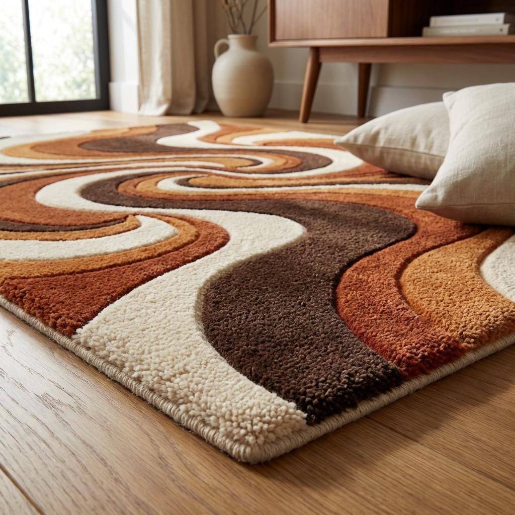 Hand Tufted Abstract Wool Rug, Mid Century Modern Retro Living Room Area Rug, Burnt Orange Brown Cream Sculpted Statement Carpet