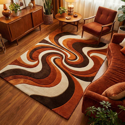 Hand tufted abstract wool rug with burnt orange, brown, and cream mid-century modern design