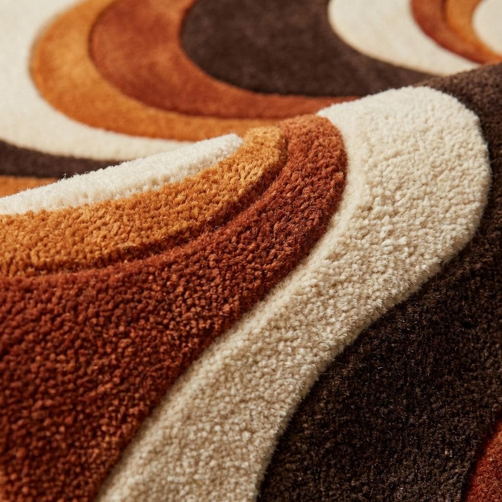 Close-up of dense wool pile showing hand tufted loop-cut texture and carved sculpted abstract pattern detail