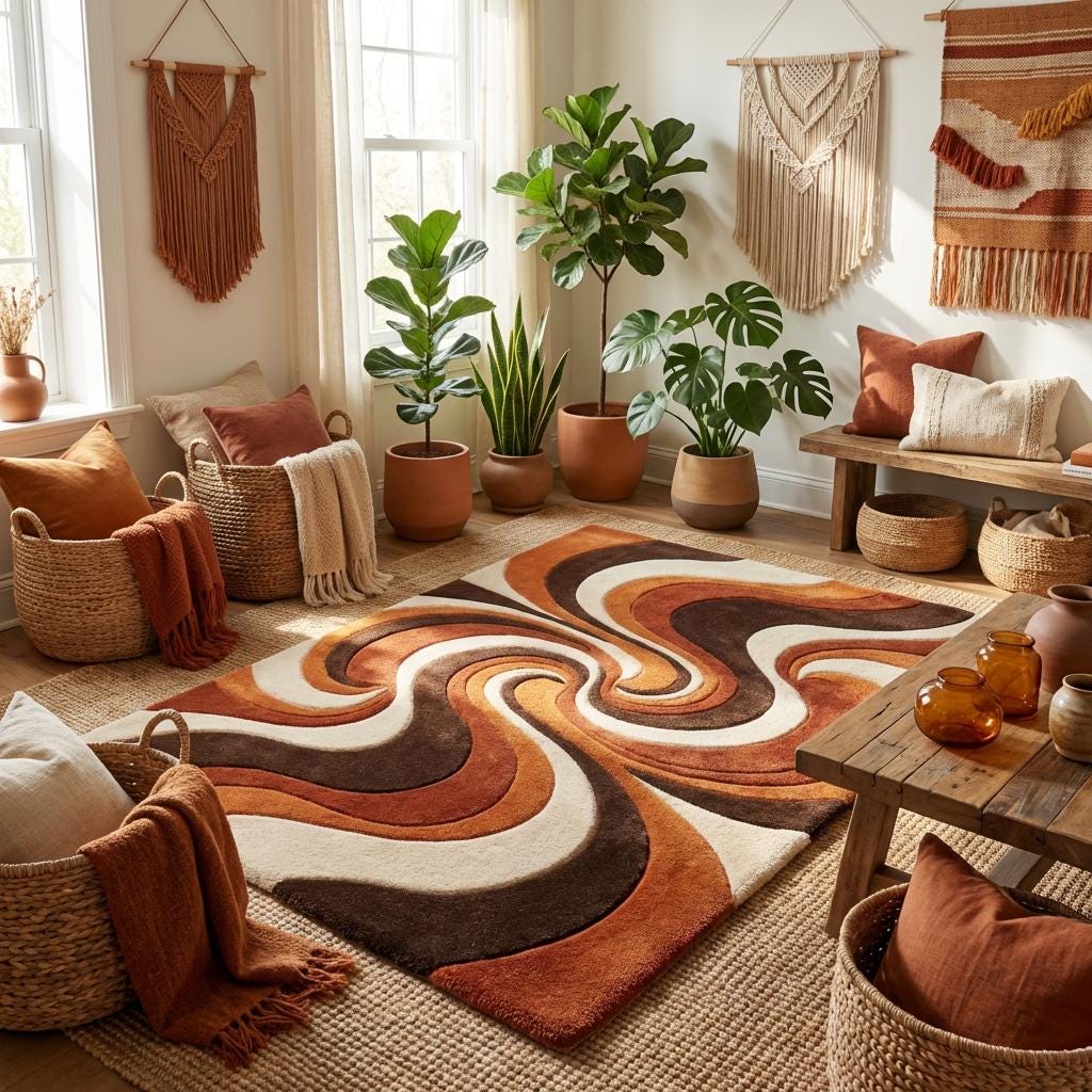 Mid century inspired orange and brown tufted wool carpet adding statement color to living room décor