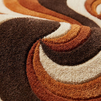 Hand Tufted Abstract Wool Rug, Mid Century Modern Retro Living Room Area Rug, Burnt Orange Brown Cream Sculpted Statement Carpet