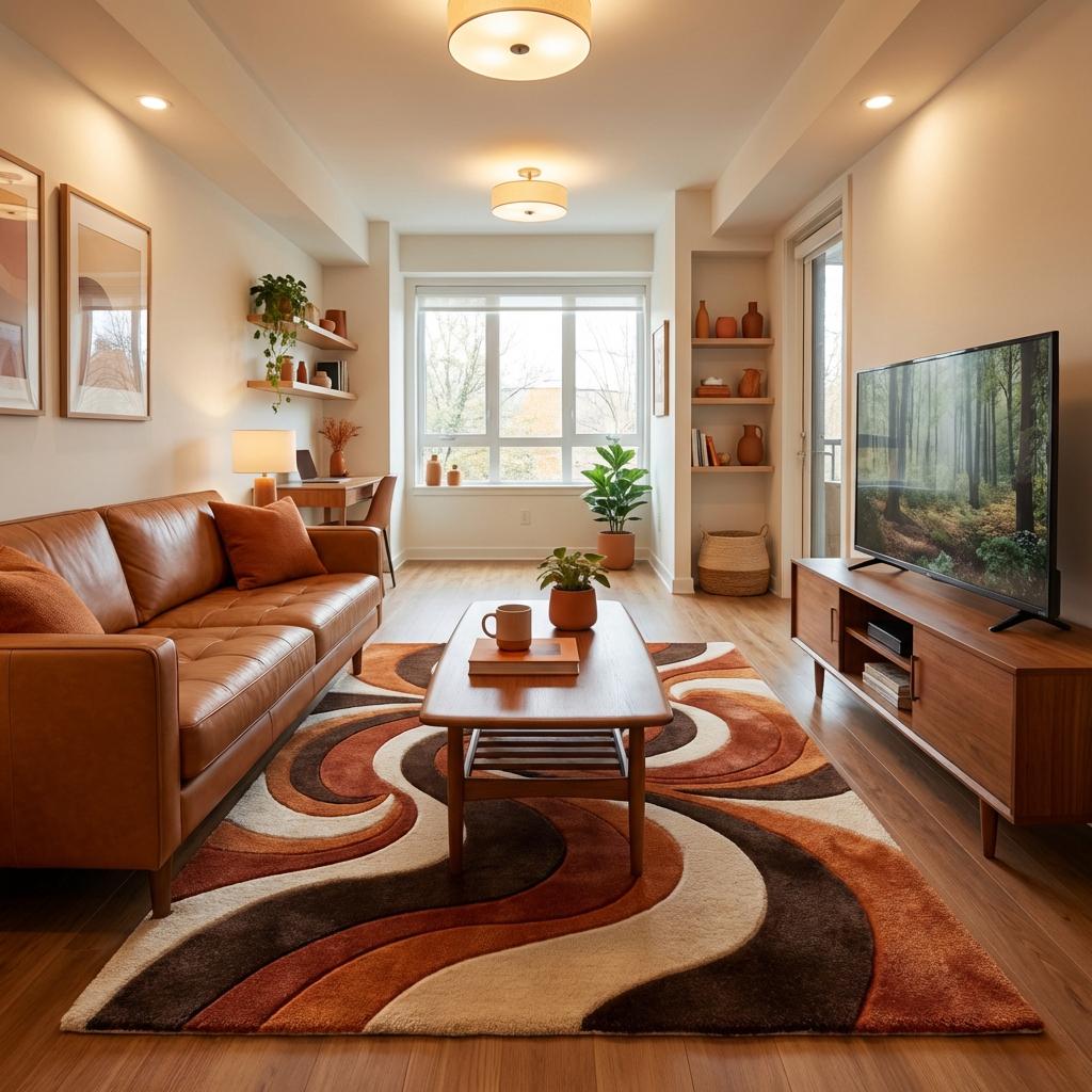 Handmade tufted rectangular rug with soft plush surface and artistic curved pattern for modern homes