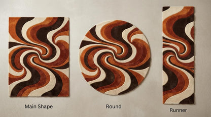 Hand Tufted Abstract Wool Rug, Mid Century Modern Retro Living Room Area Rug, Burnt Orange Brown Cream Sculpted Statement Carpet