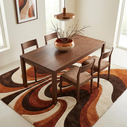 Hand Tufted Abstract Wool Rug, Mid Century Modern Retro Living Room Area Rug, Burnt Orange Brown Cream Sculpted Statement Carpet