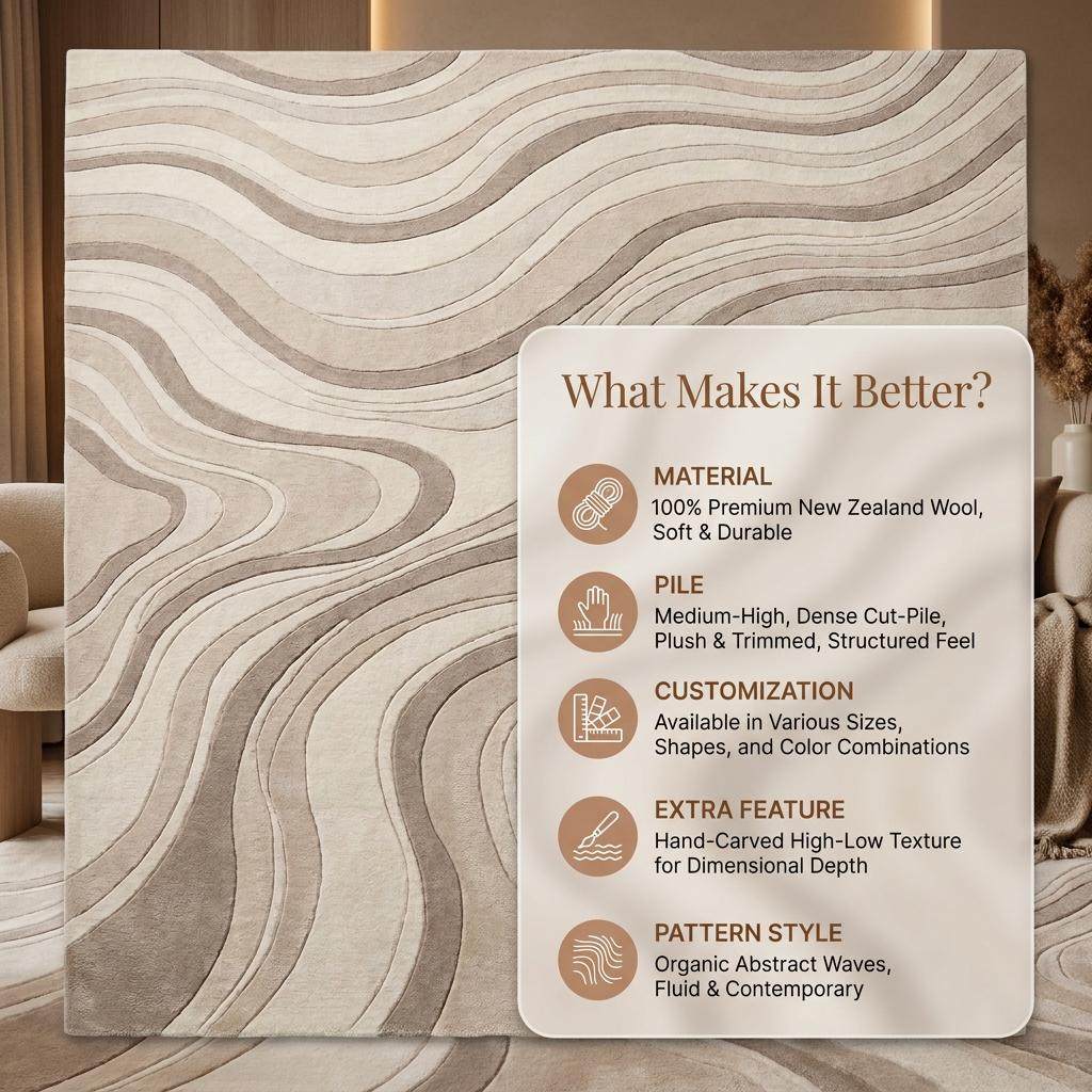 Hand Tufted Abstract Wool Rug, Neutral Wavy Line Carpet for Modern Living Room, Contemporary Beige Area Rug __etsy:8139612945