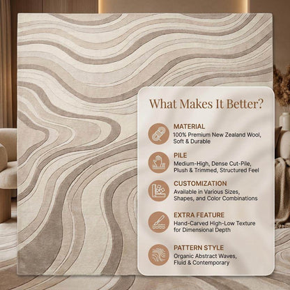 Hand Tufted Abstract Wool Rug, Neutral Wavy Line Carpet for Modern Living Room, Contemporary Beige Area Rug __etsy:8139612945