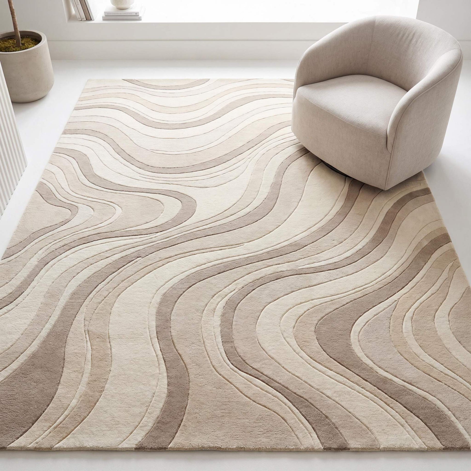Hand tufted wool rug featuring abstract flowing wave patterns in beige and ivory tones for modern living room decor. __etsy:8091705162
