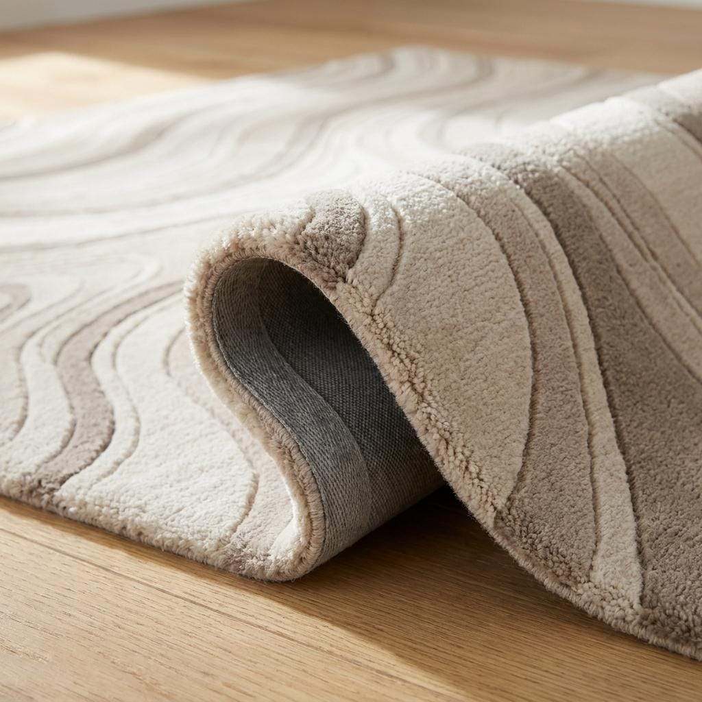Close-up view of hand tufted wool fibers showing sculpted cut pile texture, premium wool construction, and dimensional wave detailing. __etsy:8091705570