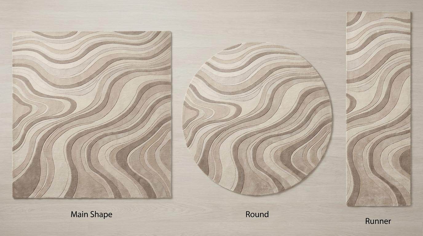Available as rectangle rug, round rug, runner rug, and hallway carpet featuring flowing wave patterns and neutral beige tones. __etsy:8139612905