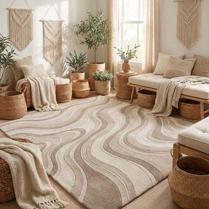 Contemporary wool rug with layered wavy lines creating movement and texture for luxury living rooms and bedrooms. __etsy:8091705532