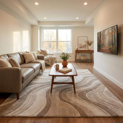 Neutral ivory and taupe handmade rug designed for minimalist, Scandinavian, and organic modern home styling. __etsy:8091705538