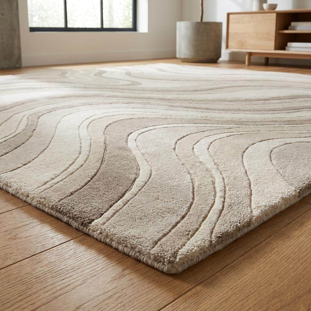 Hand Tufted Abstract Wool Rug, Neutral Wavy Line Carpet for Modern Living Room, Contemporary Beige Area Rug __etsy:8091705516
