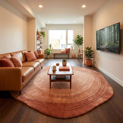 Minimalist hand tufted carpet featuring organic contour pattern and soft earthy blush tones for Japandi interiors __etsy:8007287412