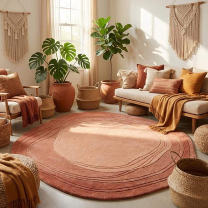 Contemporary peach wool area rug with sculpted curved detailing designed for luxury living room and bedroom styling __etsy:8055202059