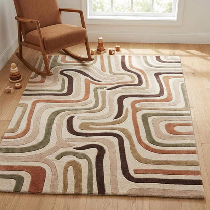 Hand tufted wool rug with retro abstract wavy pattern in neutral earthy tones for mid century modern decor