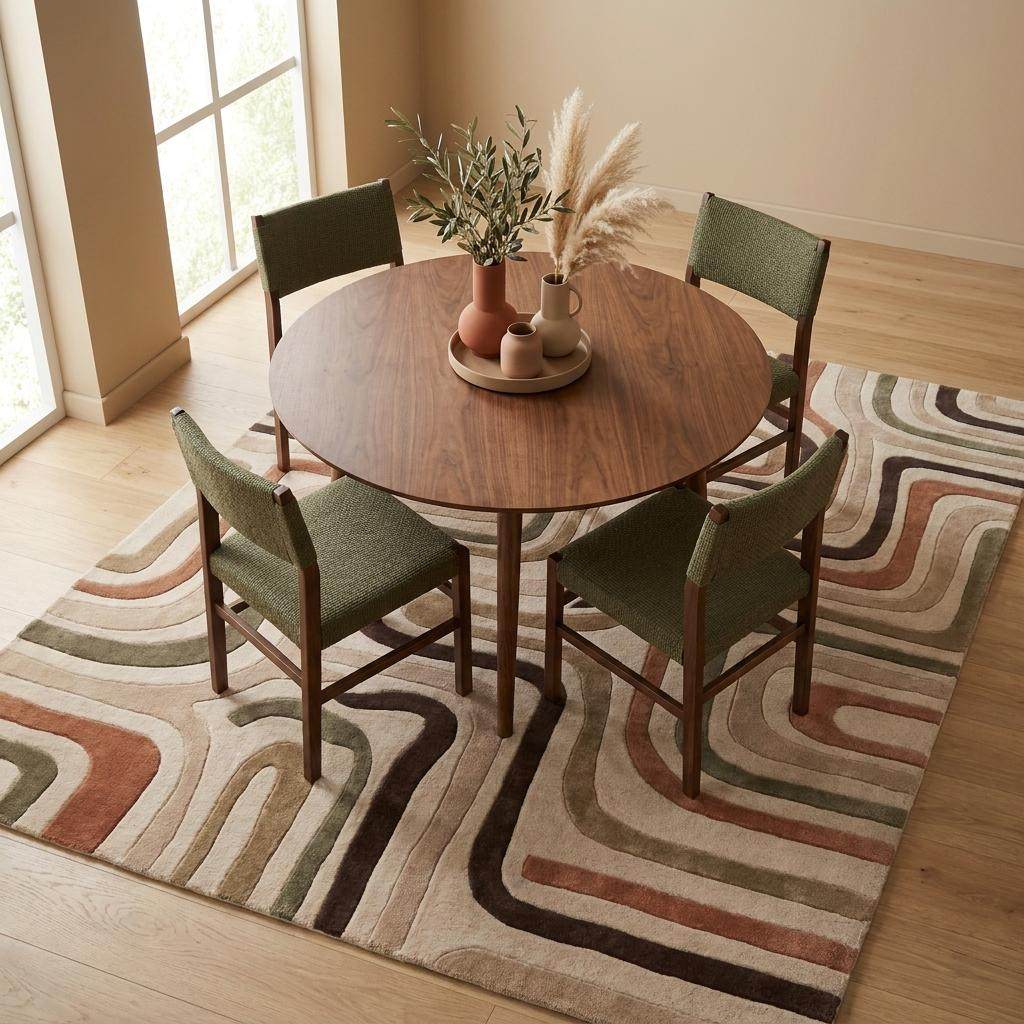 Hand tufted wool rug with retro abstract wavy pattern in neutral earth tones for modern living room decor