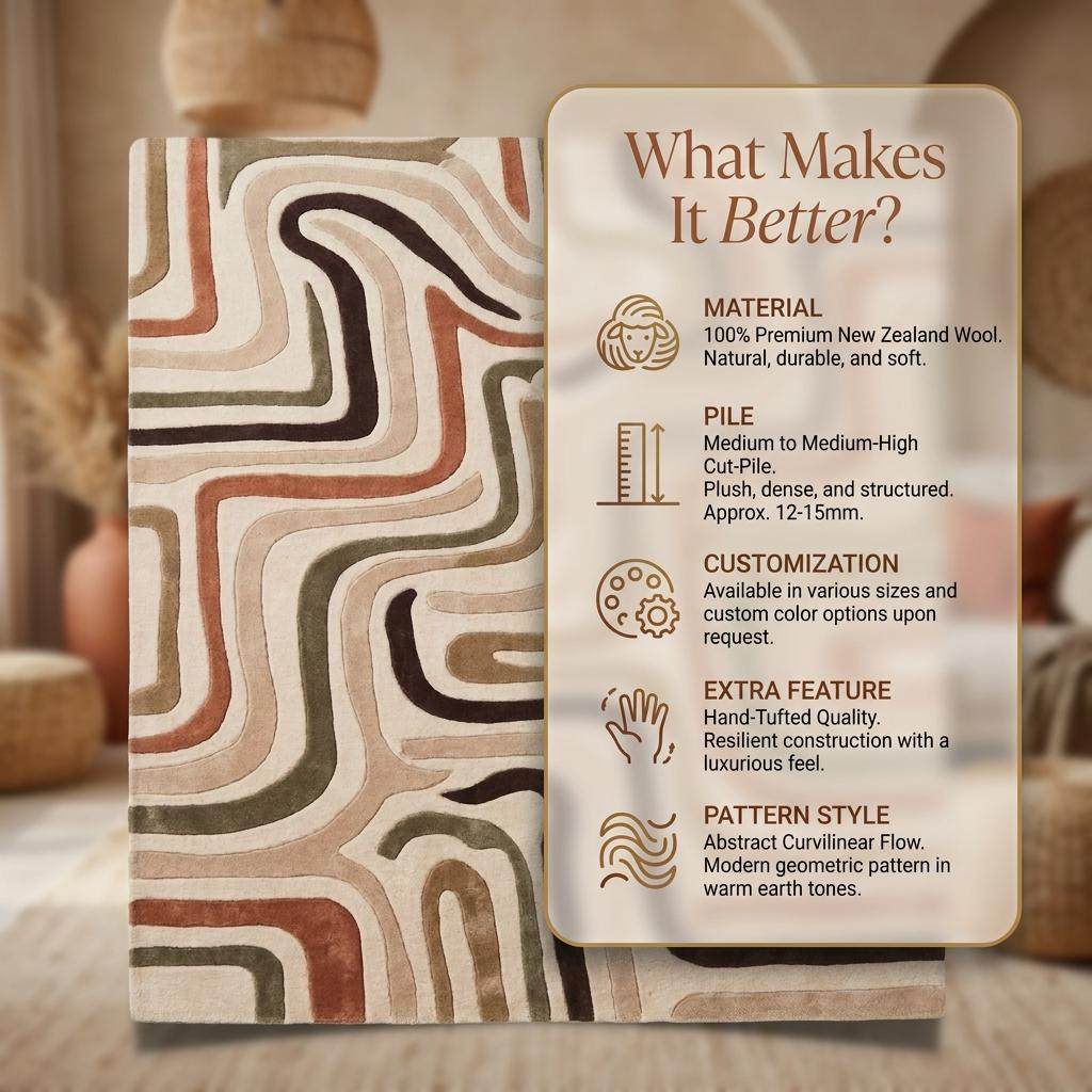Hand tufted wool rug with retro abstract wavy pattern in neutral earthy tones for living room decor