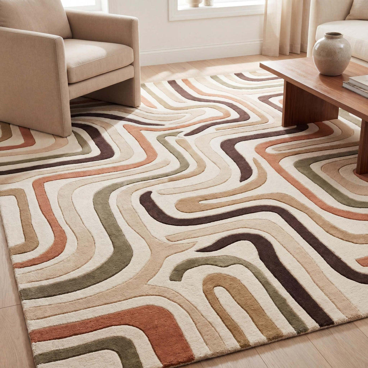 Hand tufted wool rug with retro abstract wavy pattern in neutral earthy tones for mid century modern decor